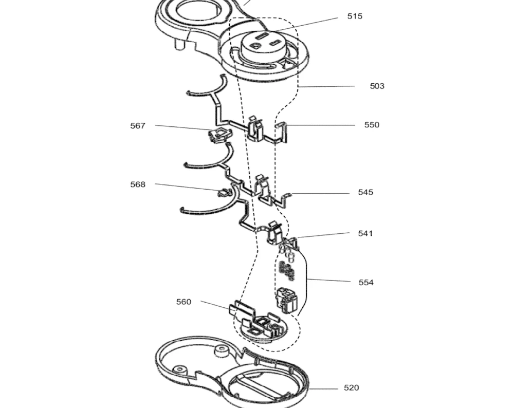 Patent drawing of an exploded mechanical assembly